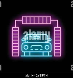 Neonschild für einen Parkplatz in einer Garage, mit einem Absperrtor und einer Backsteinmauer im Hintergrund Stock Vektor