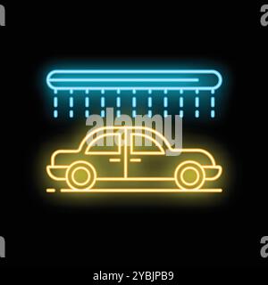 Neonschild mit einer Autowaschanlage und einem Auto mit Wasser, das von oben darauf spritzt Stock Vektor