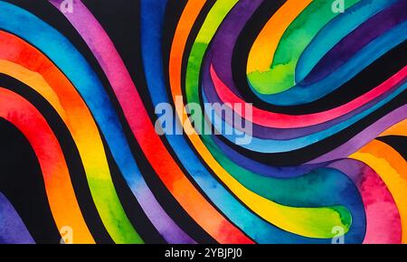 Geschwungene helle mehrfarbige Streifen auf schwarzem Hintergrund, abstraktes farbenfrohes Muster für Design Stockfoto
