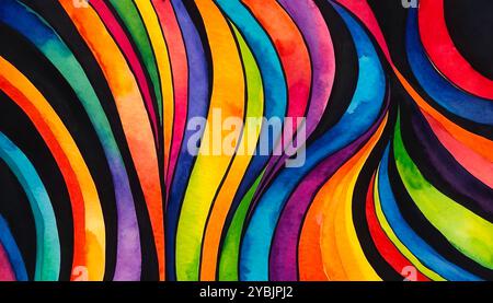 Geschwungene helle mehrfarbige Streifen auf schwarzem Hintergrund, abstraktes farbenfrohes Muster für Design Stockfoto