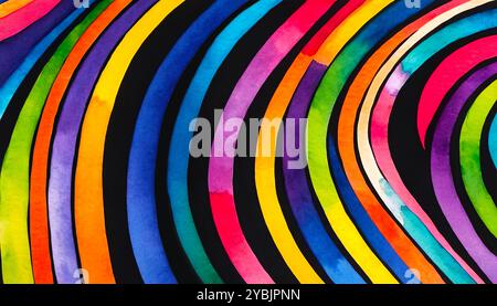 Geschwungene helle mehrfarbige Streifen auf schwarzem Hintergrund, abstraktes farbenfrohes Muster für Design Stockfoto
