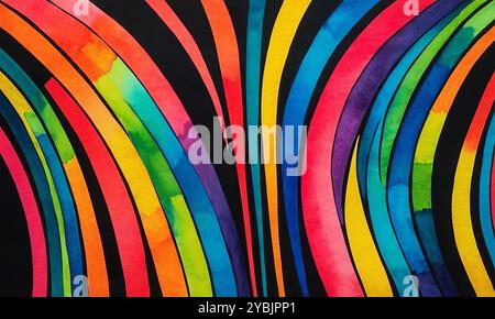 Geschwungene Aquarellfarben Helle mehrfarbige Streifen auf schwarzem Hintergrund, abstraktes Muster für Design Stockfoto