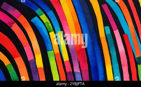 Geschwungene Aquarellfarben Helle mehrfarbige Streifen auf schwarzem Hintergrund, abstraktes Muster für Design Stockfoto