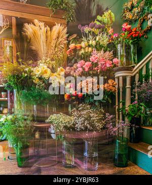 Verschiedene bunte Blumen in einem Blumenladen, Bramble & Moss unabhängiger Blumenhändler in London, Großbritannien Stockfoto