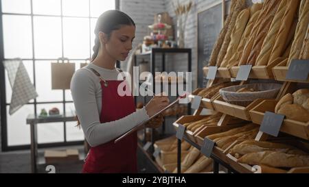 Junge Frau in einer Schürze, die auf eine Zwischenablage schreibt, in einer Bäckerei, gefüllt mit verschiedenen Broten, in einer Innenhalle Stockfoto