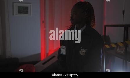 Die afroamerikanische Detektivin untersucht einen dunklen Tatort im Innenbereich mit roten Lichtern und einem Polizeiausweis. Stockfoto