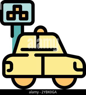 Gelbes Taxi wartet am Ankunftsterminal des Flughafens auf Passagiere Stock Vektor