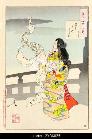 Lunacy (Tsuki no Monogurui- fumihiroge), 1889 Druck #77 aus der Serie One Hundred Aspects of the Moon des japanischen Künstlers Tsukioka Yoshitoshi (1839–1892), Holzschnitt, der Ochiyo beim Hören des Todes ihres Geliebten zeigt, der die Rolle auf der Gojo-Brücke aufrollte. Stockfoto