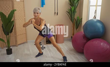 Frau, die drinnen in einem Fitnessstudio mit grauen Haaren und kurzen Haaren trainiert, seitliche Ausfallschritte in der Nähe von Fitnessgeräten wie Fitnessbällen und Pflanzen macht, demonstriert Stockfoto
