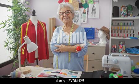 Lächelnde Seniorin mit überkreuzten Armen, Brille und Maßband in einem Schneiderladen, umgeben von bunten Fäden, Stoffmustern und Manneq Stockfoto