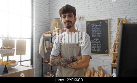 Gutaussehender junger Mann mit Bart und Tätowierungen steht selbstbewusst mit gekreuzten Armen in einem gemütlichen, gut beleuchteten Bäckerei-Interieur, umgeben von frisch gebackenem Stockfoto