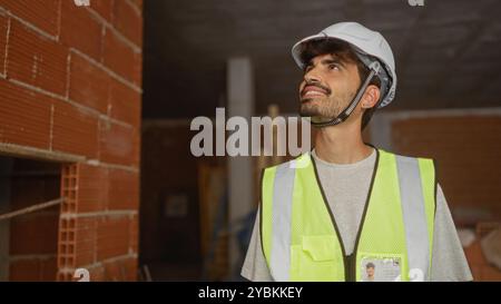 Junger hispanischer Mann mit Bart und Helm lächelt selbstbewusst auf einer Baustelle mit unvollendeten Wänden und trägt eine reflektierende Weste Stockfoto