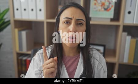 Eine professionelle junge Latina-Ärztin mit einem Stethoskop, die in ihrer Praxis Gesten macht und einen Punkt betont Stockfoto