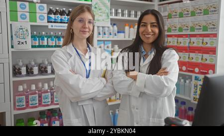 Zwei Apothekerinnen mit überkreuzten Armen stehen selbstbewusst in einer modernen Drogerie voller medizinischer Vorräte und bieten Schilder an. Stockfoto