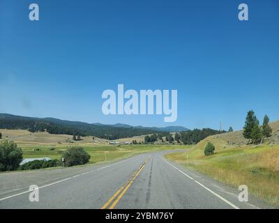 Eine lange, gerade Straße führt durch eine weite, offene Landschaft mit goldenem Gras und fernen Bergen unter einem klaren blauen Himmel. Die Szene vermittelt einen Sen Stockfoto