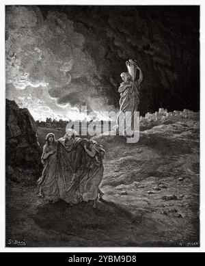 Lot und seine Familie flüchten vor Sodom und Gomorra. Altes Testament. Antike Bibelillustration von Gustave Dore (1832–1883) Stockfoto