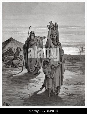 Abraham hat Hagar und Ismael entlassen. Altes Testament. Antike Bibelillustration von Gustave Dore (1832–1883) Stockfoto