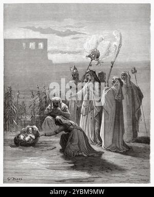 Pharaos Tochter fand Moses in einem Korb zwischen dem Schilf des Nils. Altes Testament. Antike Bibelillustration von Gustave Dore (1832–1883) Stockfoto