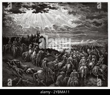 Joshua befahl der Sonne stillzustehen. Altes Testament. Antike Bibelillustration von Gustave Dore (1832–1883) Stockfoto