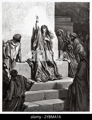 Deborah, die Hebräische Prophetin, die ihr Volk von Jabin, dem König von Kanaan, und seinem General Sisera erlöste und ihr Triumphlied sang (Richter 5:1) Altes Testament. Antike Bibelillustration von Gustave Dore (1832–1883) Stockfoto