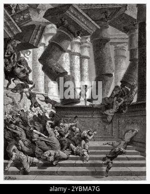 Der Tod von Samson. Samson zerstört den Tempel von Baal. Altes Testament. Antike Bibelillustration von Gustave Dore (1832–1883) Stockfoto