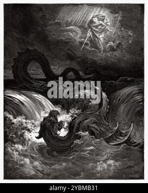 Gott zerstört den Leviathan, die Vision von Jesaja. Altes Testament. Antike Bibelillustration von Gustave Dore (1832–1883) Stockfoto