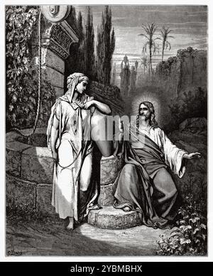 Jesus und die Samaritanerin. Neues Testament. Antike Bibelillustration von Gustave Dore (1832–1883) Stockfoto