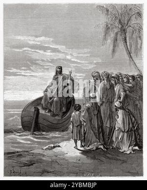 Jesus predigt auf einem Schiff am See Galiläa (Lukas 5,3) Neues Testament. Antike Bibelillustration von Gustave Dore (1832–1883) Stockfoto