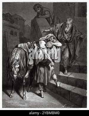 Der barmherzige Samariter bringt den verletzten Mann in die herberge (Lukas 10:34) des Neuen Testaments. Antike Bibelillustration von Gustave Dore (1832–1883) Stockfoto