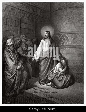 Christus und die ehebrecherische Frau. Jesus verteidigt die Frau, die in Ehebruch genommen wurde (Johannes 53–8:11) Neuen Testament. Antike Bibelillustration von Gustave Dore (1832–1883) Stockfoto