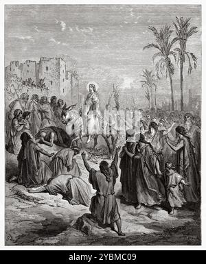 Palmensonntag, triumphaler Einzug in Jerusalem. Jesus macht einen großen Eingang in die Stadt Jerusalem, reitet auf einem Esel, um Sacharja's Prophezeiung zu erfüllen. Neues Testament. Antike Bibelillustration von Gustave Dore (1832–1883) Stockfoto