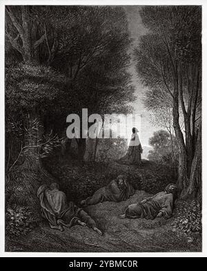 Jesus betet im Garten Getsemani auf dem Ölberg in Jerusalem. Neues Testament. Antike Bibelillustration von Gustave Dore (1832–1883) Stockfoto