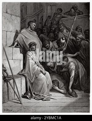 Die Menge verspottet Jesus. Neues Testament. Antike Bibelillustration von Gustave Dore (1832–1883) Stockfoto