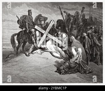 Jesus bricht auf Kalvaria zusammen, unter dem Gewicht, das Kreuz zum Ort seiner Kreuzigung zu tragen. Neues Testament. Antike Bibelillustration von Gustave Dore (1832–1883) Stockfoto