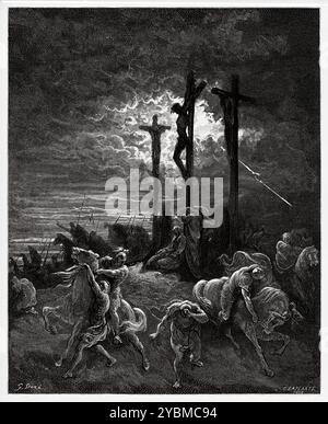 Die Kreuzigung. Der Tod Christi. Finsternis, die dem Tod Jesu Christi am Kreuz folgt. Neues Testament. Antike Bibelillustration von Gustave Dore (1832–1883) Stockfoto