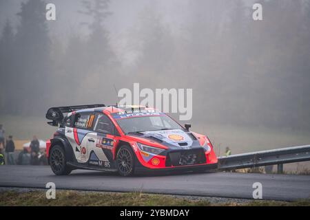 Hauzenberg, Deutschland. Oktober 2024. Der belgische Rallyefahrer Neuville Thierry und Wydaeghe Martijn mit dem Auto Hyundai i20 N Rally1 treten am 19. Oktober 2024 an der Mitteleuropäischen Rallyefahrtsweltmeisterschaft in Munzkirchen an. Quelle: Petr Skrivanek/CTK Photo/Alamy Live News Stockfoto