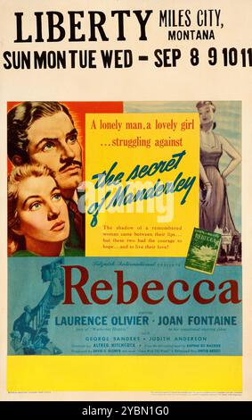Alte Fensterkarte für die amerikanische Veröffentlichung von Alfred Hitchcocks Film Rebecca - Liberty, Miles City, Montana aus dem Jahr 1940 Stockfoto