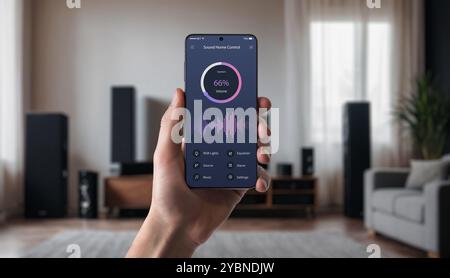 Steuerung des Home Sound Systems mit einer mobilen App. Handheld-Smartphone, Anpassung der Audioeinstellungen mit sichtbaren Lautsprechern in einem modernen Wohnzimmer, Smar Stockfoto