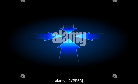 Perspektivische Pfeile, die zur Mitte zeigen. Vier Pfeile an einem Punkt. Konzentrieren Sie sich auf das Ziel. Unternehmensinnovation. Stock Vektor