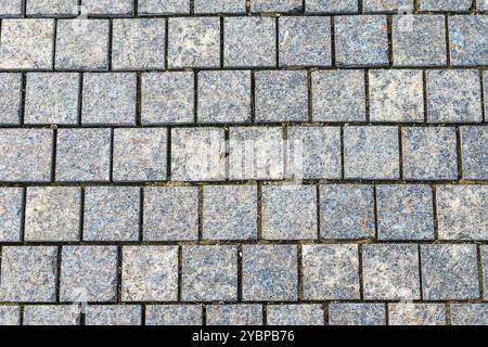 Steinpflaster in den Strahlen der untergehenden Sonne. Rücklauf des Straßenbelags Block bei Sonnenuntergang. Textur Stockfoto