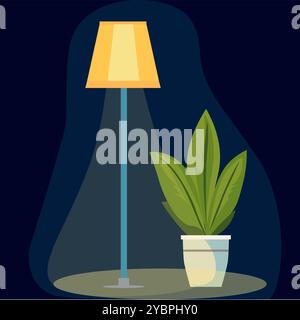 Stehleuchte mit gelben Lichtkegeln. Auf dem Boden ist eine Topfblume. Nächtliche Illustration mit Innenobjekten Stock Vektor