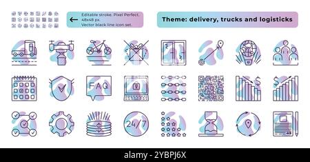 Lieferkette, Logistik, Lieferung. Vektorlinien-Symbolgruppe mit verlaufendem Hintergrund. 24 Schilder – 48 x 48 px (bearbeitbarer Hub, Pixel perfekt) und 300 x 300 px. Stock Vektor