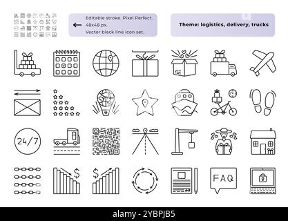 Logistik und Fracht. Vektorsymbole mit schwarzen Linien, 28 Zeichen – 48x48 px (bearbeitbare Kontur, Pixel perfekt) und 300x300 px (nicht bearbeitbare Kontur, Pixel perfe Stock Vektor