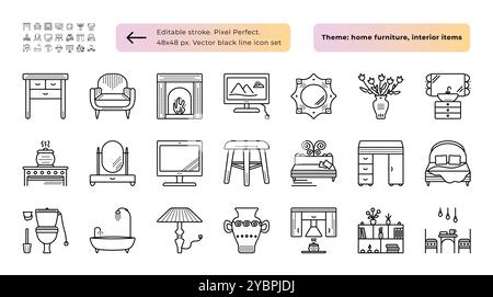 Wohnmöbel, Innenausstattung, Wohnräume, Vektorsymbole mit schwarzen Linien, 21 einfarbige Schilder mit Punkten, bearbeitbarer Strich, Pixel perfekt Stock Vektor