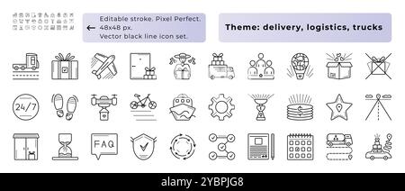 Thema: Lieferung, Logistik, LKW, Fracht. Vektorsymbolgruppe mit schwarzer Linie. 30 Zeichen – 48x48 px (bearbeitbarer Kontur, Pixel perfekt) und 300x300 px Symbole (nicht Stock Vektor