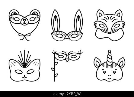 Tiere Maskerade Masken, schwarze Linie Fauna Symbol Set, 6 monochrome Vektorzeichen Stock Vektor