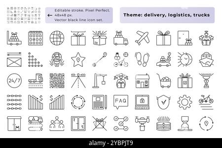 Logistik, Versand, Fracht. Vektorsymbole mit schwarzen Linien, 50 Zeichen – 48x48 px (bearbeitbare Kontur, Pixel perfekt) und 300x300 px (nicht bearbeitbare Kontur, Pixel Stock Vektor