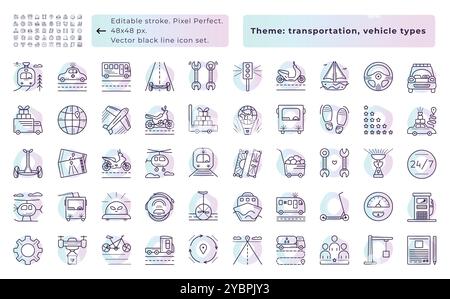 Transport dunkelblaue Linie Symbolsatz mit hellem Farbverlauf Hintergrund, 50 Vektorzeichen von Fahrzeugtypen - 48x48 px (editierbarer Hub, Pixel perfekt) Stock Vektor