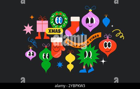 Frohe Weihnachten, Sammlung lustiger Karikaturen, Aufkleber, Illustrationen. Weihnachtsschmuck im modernen Retro-Stil, Weihnachtsmann, Weihnachtsbaum mit lustigen Gesichtern Stock Vektor