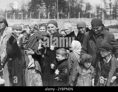 Jüdische Frauen und Kinder aus Ungarn, die in Auschwit zum Tod ausgewählt wurden, warten darauf, in die Gaskammern gebracht zu werden. Die Juden in Ungarn waren ziemlich sicher, bis Hitler aus Angst, Ungarn würde einen Vertrag mit den Alliierten suchen, die Invasion des Landes im März 1944 anordnete. Zwischen dem 15. Mai und dem 9. Juli 1944 wurden über 434.000 Juden mit 147 Zügen deportiert, die meisten nach Auschwitz, wo etwa 80 Prozent bei der Ankunft vergast wurden. Der schnelle Fortschritt der Deportationen wurde durch die enge Zusammenarbeit zwischen den ungarischen und deutschen Behörden ermöglicht. Stockfoto